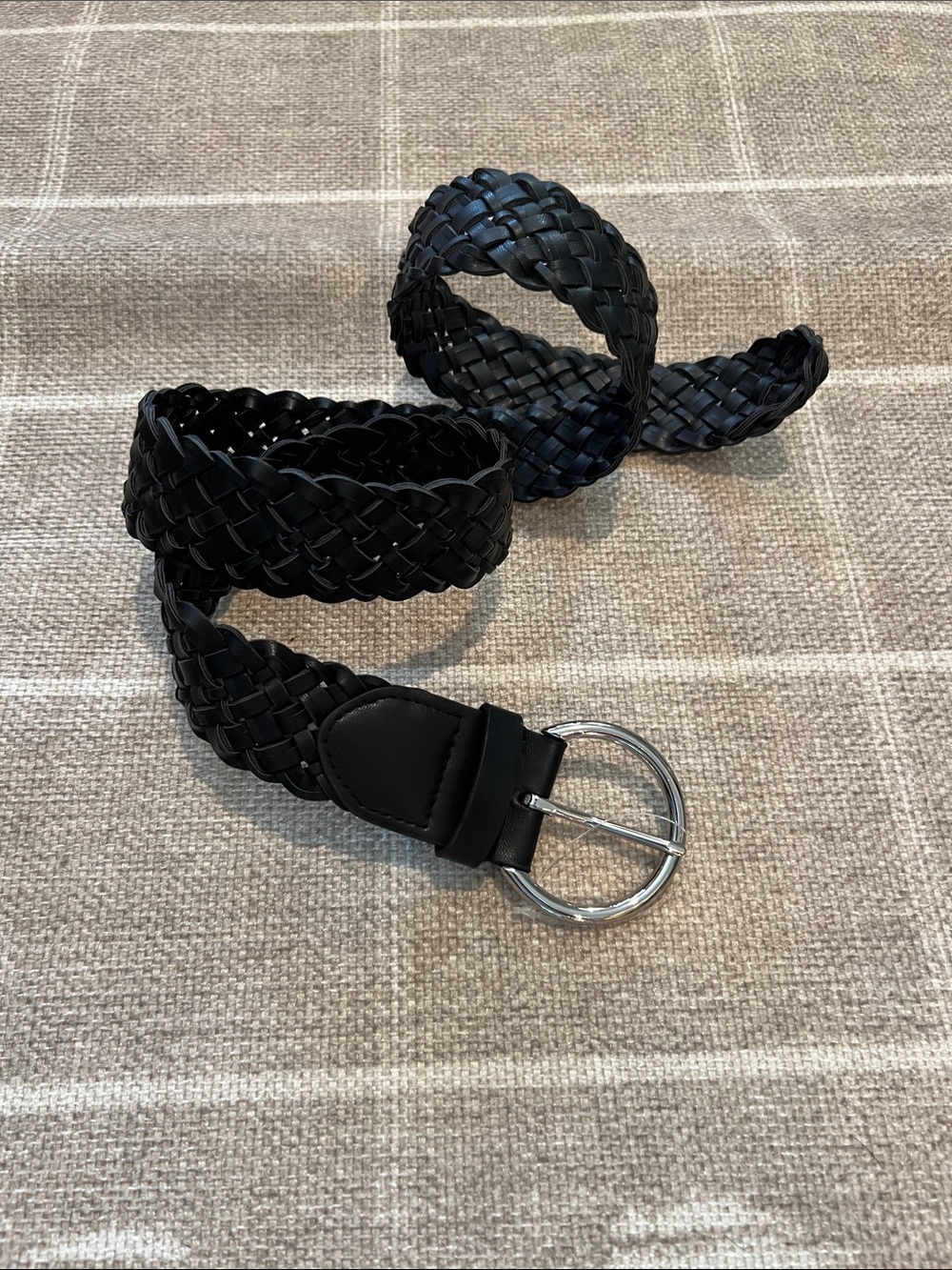 Old Navy Black Braided Leather-Style Belt with Silver Round Buckle